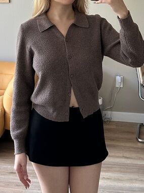 Brown button up cardigan with collar
